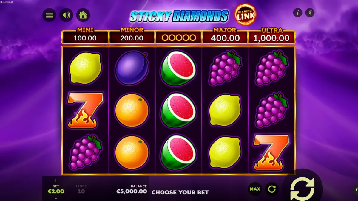 Tampilan visual slot Sticky Diamonds Flaming Link dengan simbol permata dan petir