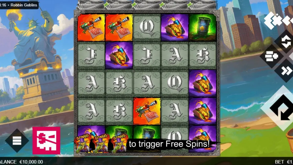 Tampilan visual slot Robbin’ Goblins dengan tema goblin yang penuh ledakan
